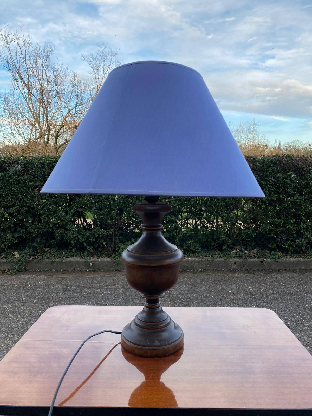 Vintage wooden bedside or table lamp with sky blue lampshade