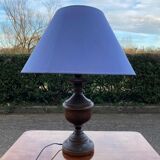 Vintage wooden bedside or table lamp with sky blue lampshade