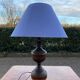 Vintage wooden bedside or table lamp with sky blue lampshade