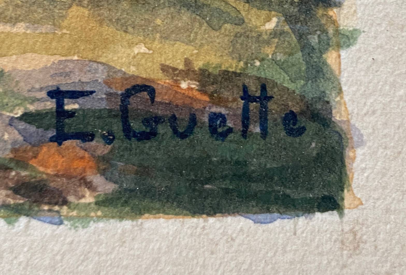 Watercolor painting "Lake and Mountain" signed E. Guette early 20th century
