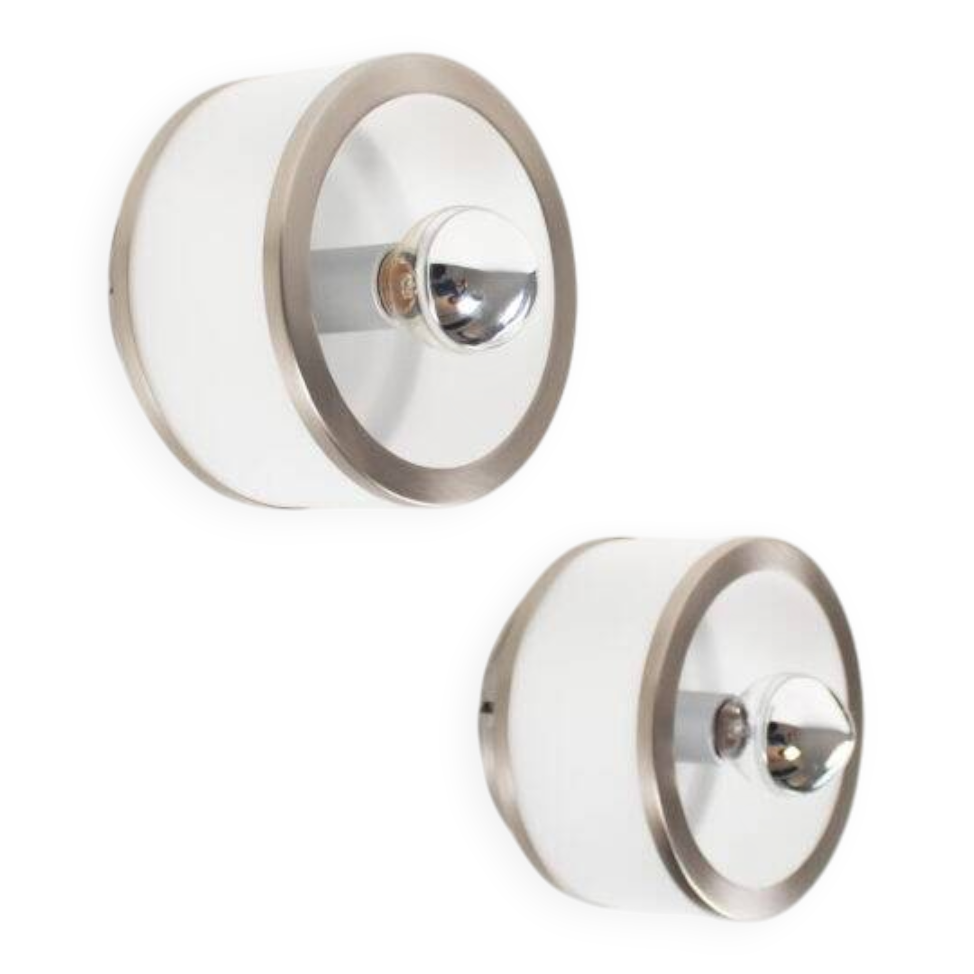 Pair of vintage 1980’s opaline glass and brushed chrome wall lights