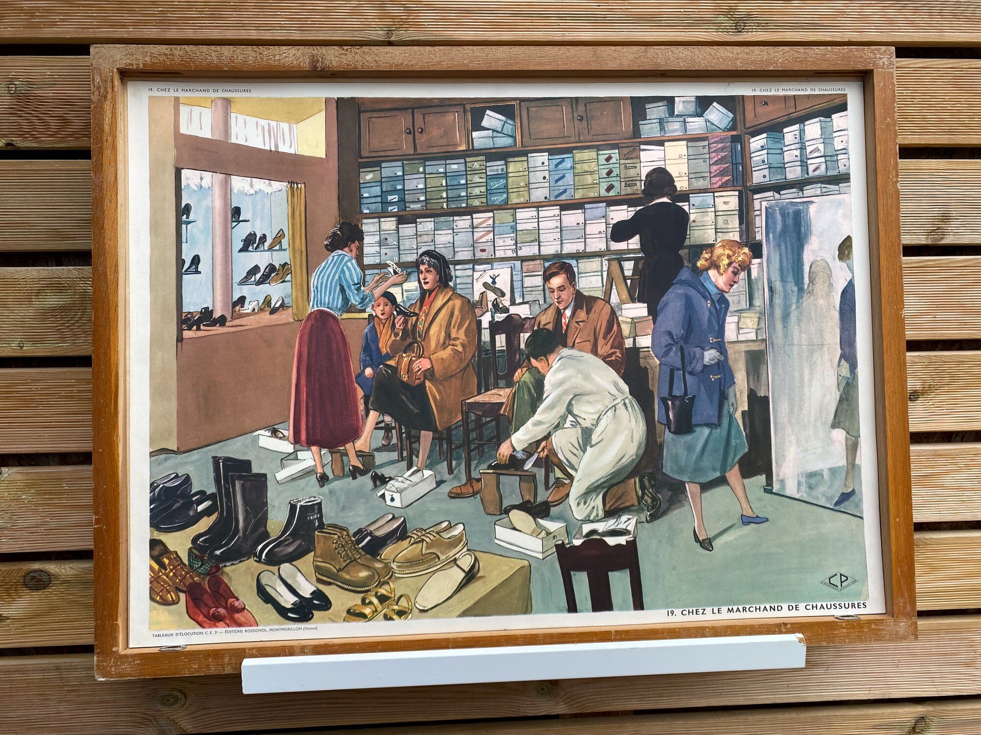 Affiche scène de vie - une leçon en classe - chez le marchand de chaussures- rossignol