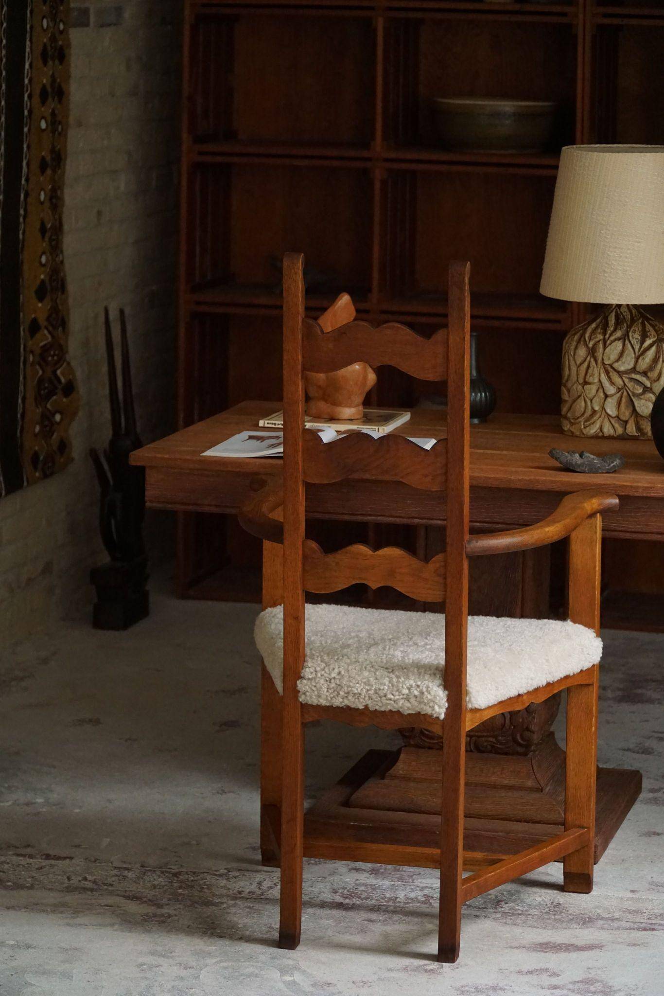 Classic Oak Armchair with Lambswool Upholstery, Mid-Century Danish, 1950s