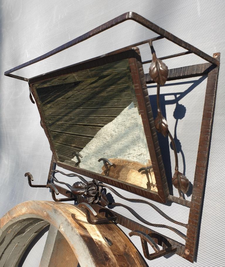 Wall coat rack Art Deco 1930 wrought iron 4 hooks and beveled mirror