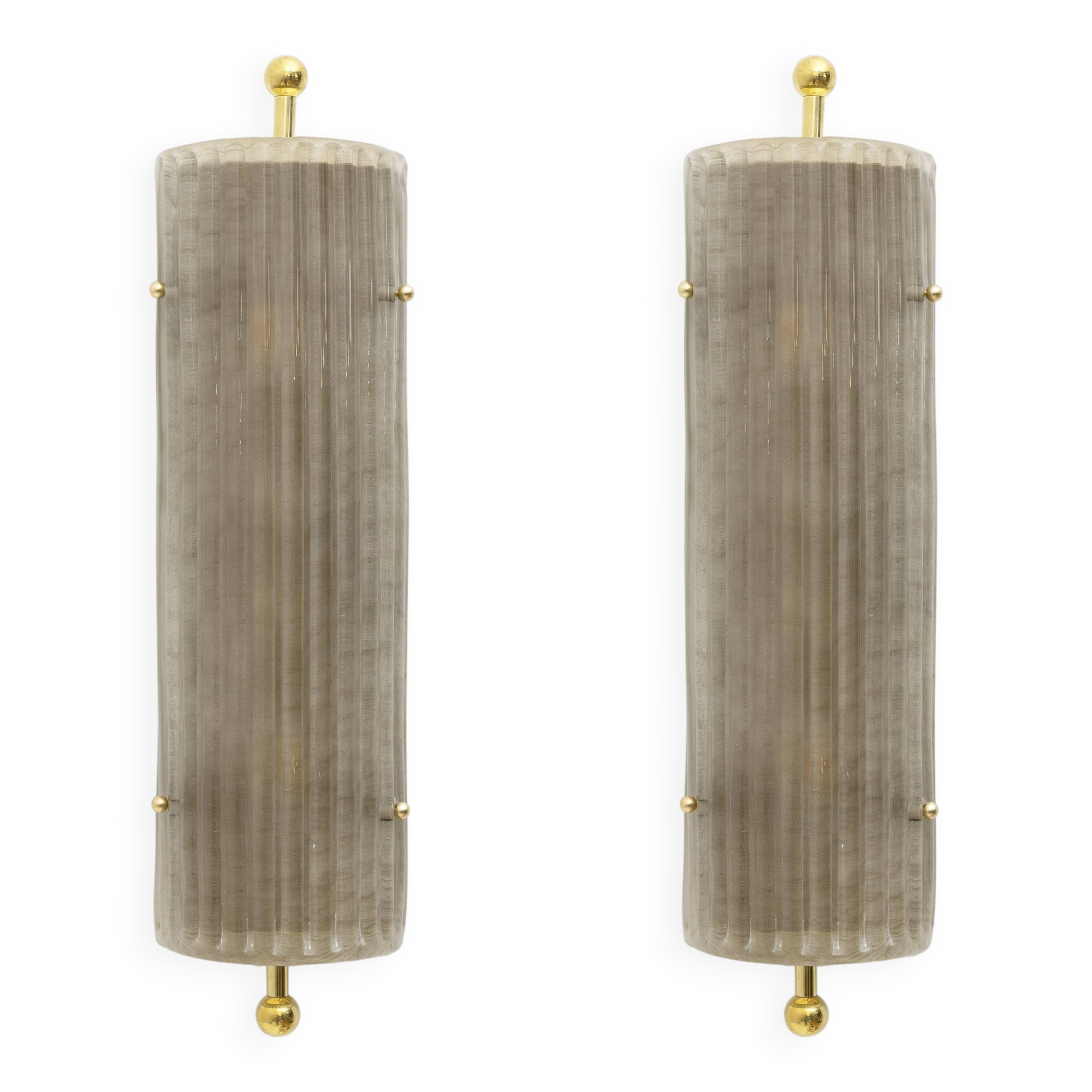Pair of Art Deco Style Smoked Murano Glass and Brass Sconces