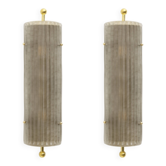 Pair of Art Deco Style Smoked Murano Glass and Brass Sconces