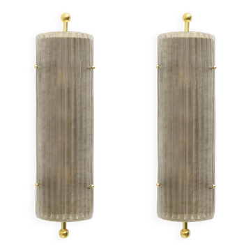 Pair of Art Deco Style Smoked Murano Glass and Brass Sconces