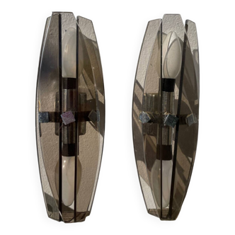 Pair of Italian Veca smoked glass wall lights