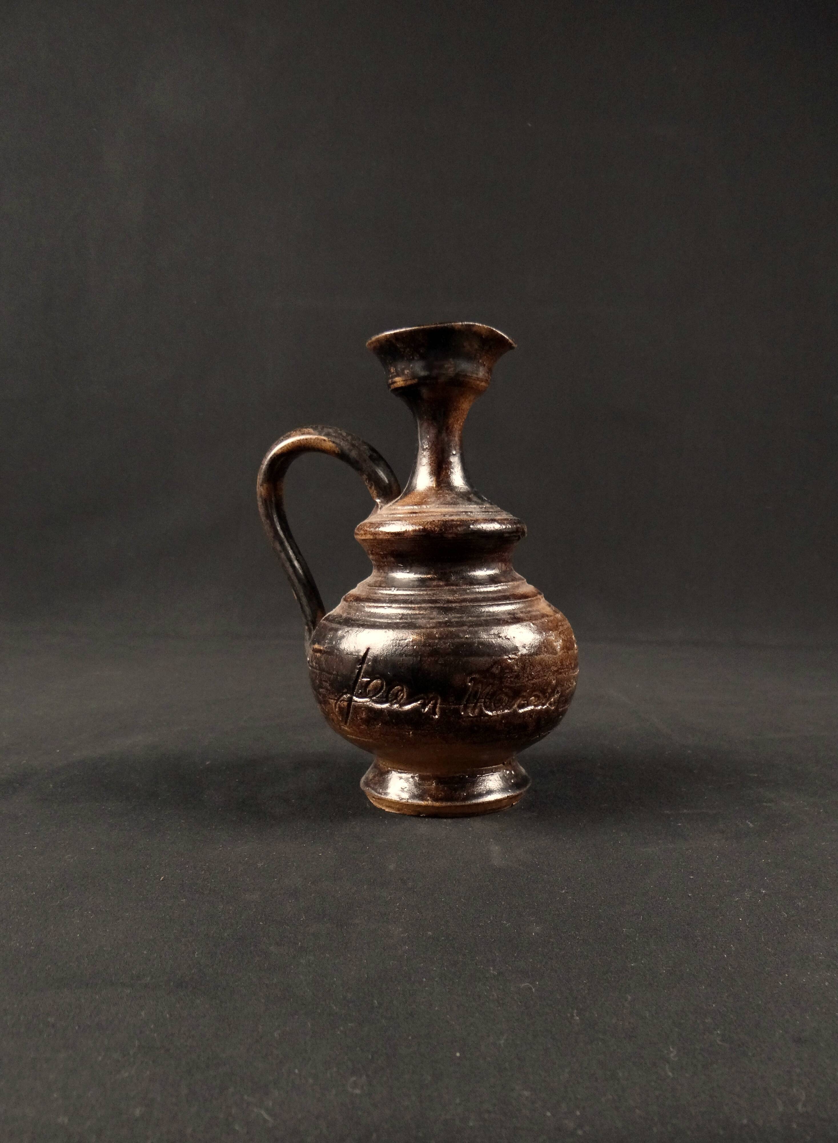 Vintage 1970s ceramic pitcher signed Jean Marais with chamotte glaze