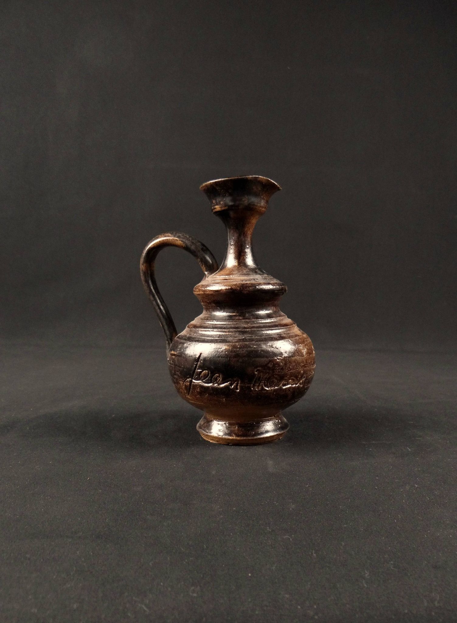 Vintage 1970s ceramic pitcher signed Jean Marais with chamotte glaze