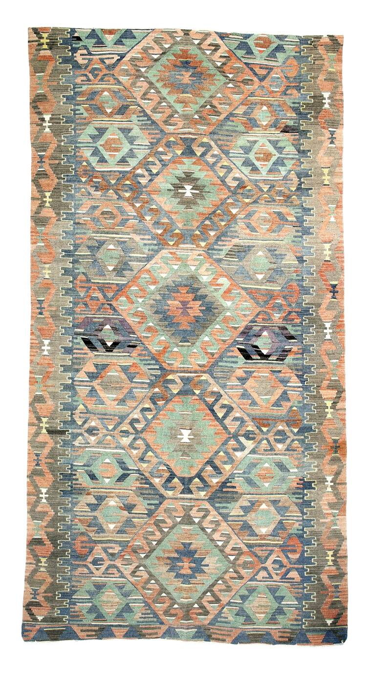 5x11 Green & Blue Tribal Turkish Vintage Kilim Rug 170x333Cm SK 35197