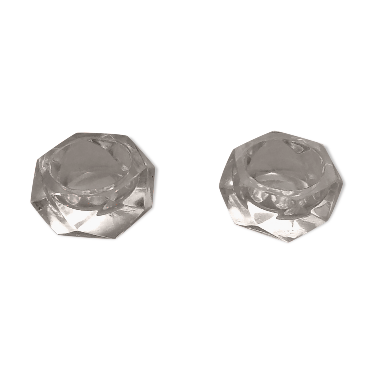 Pair of geometrizing shaped saltrons in cut glass