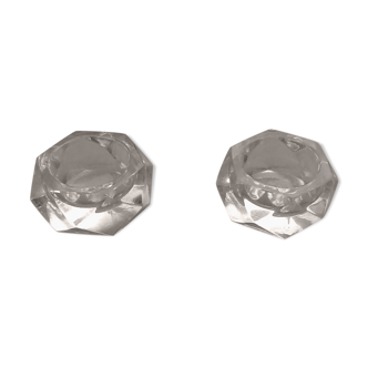 Pair of geometrizing shaped saltrons in cut glass
