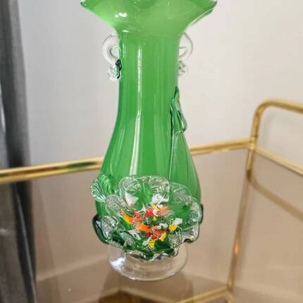 Excentric green blown glass vase with relief flowers Murano