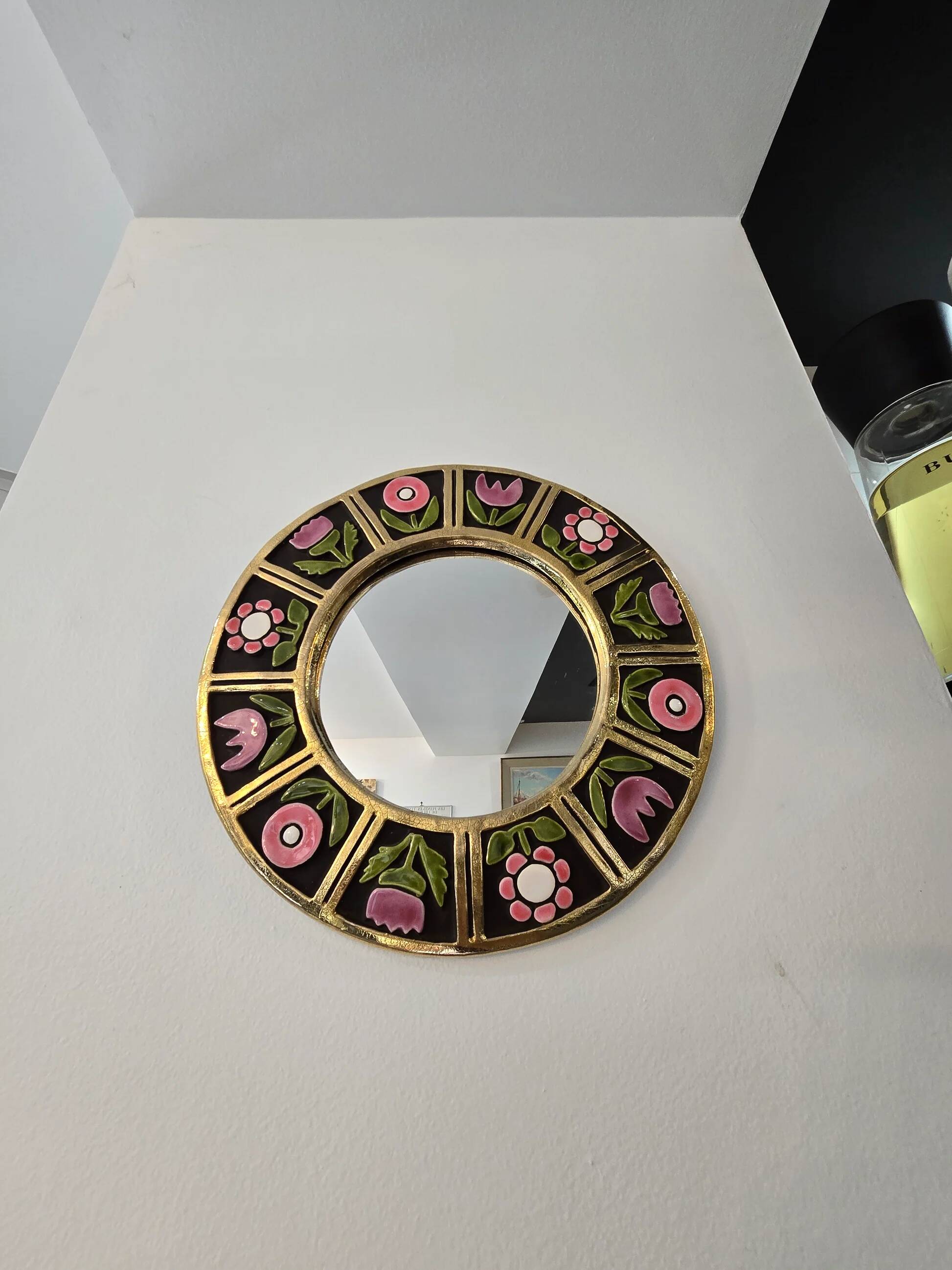 Mithé Espelt - glazed ceramic mirror. Floral decoration, 1960s.