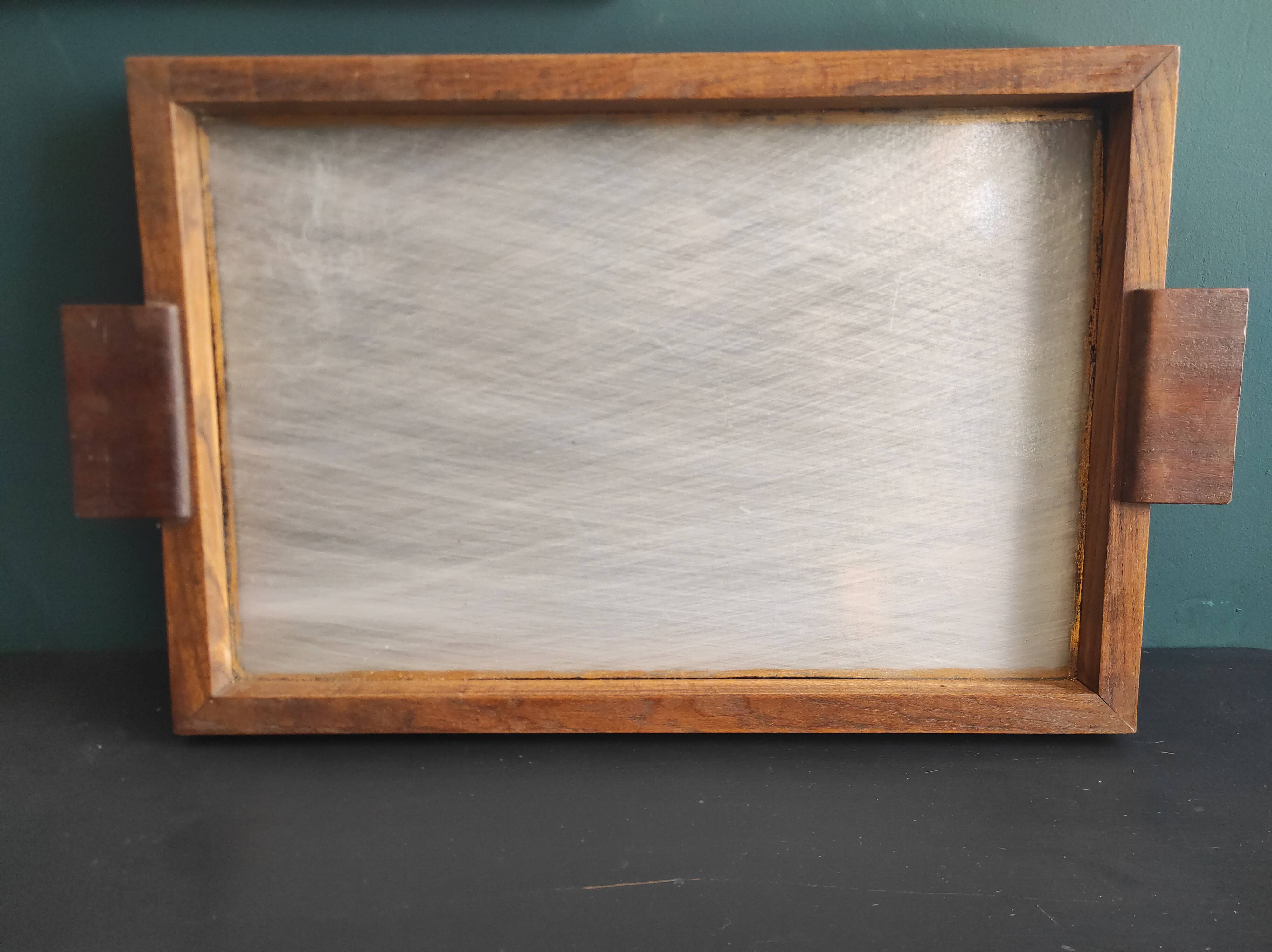 French vintage tray from the 50s, oak and glass