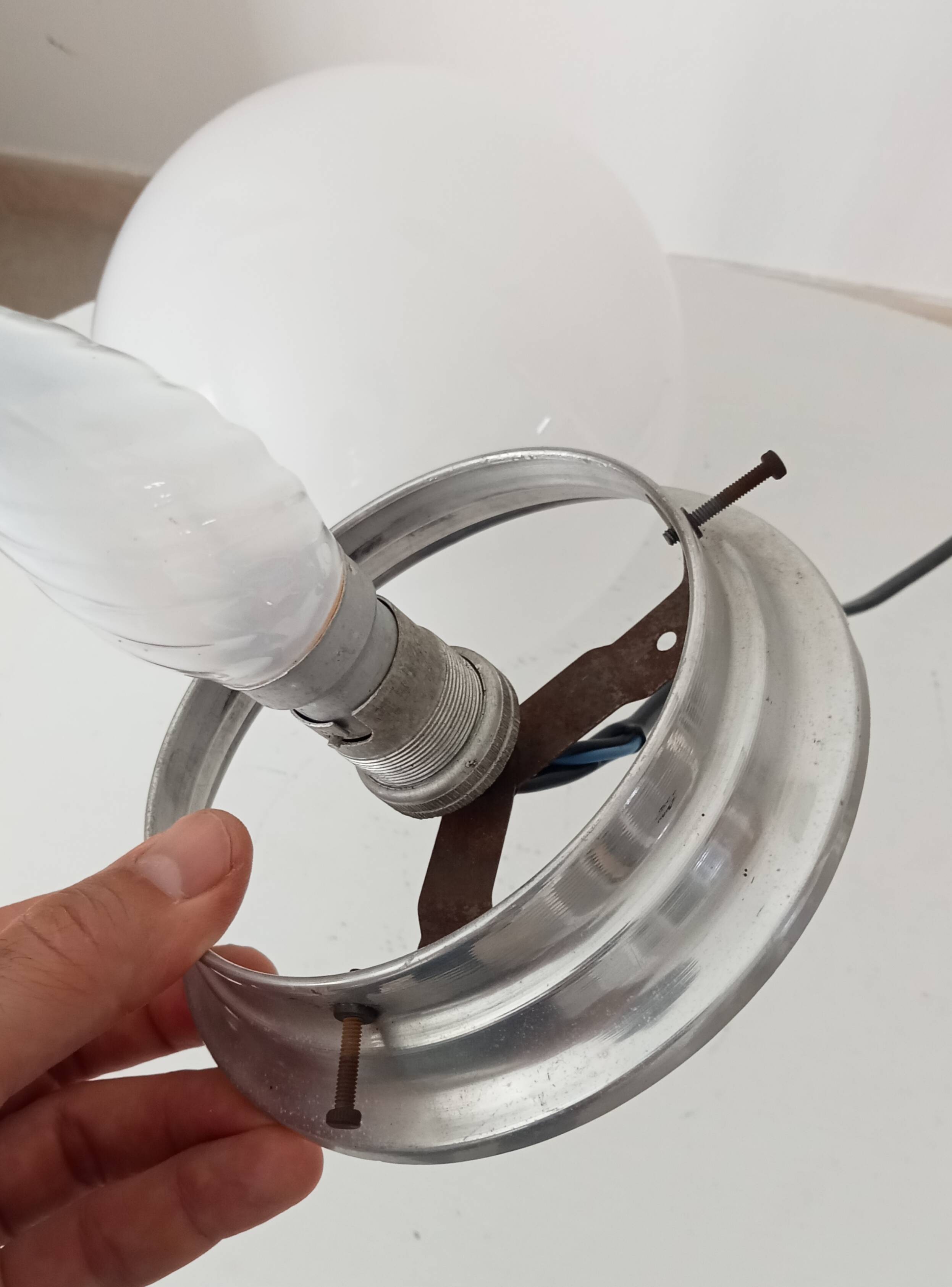 Vintage opaline and aluminium ceiling light from the 1950s.