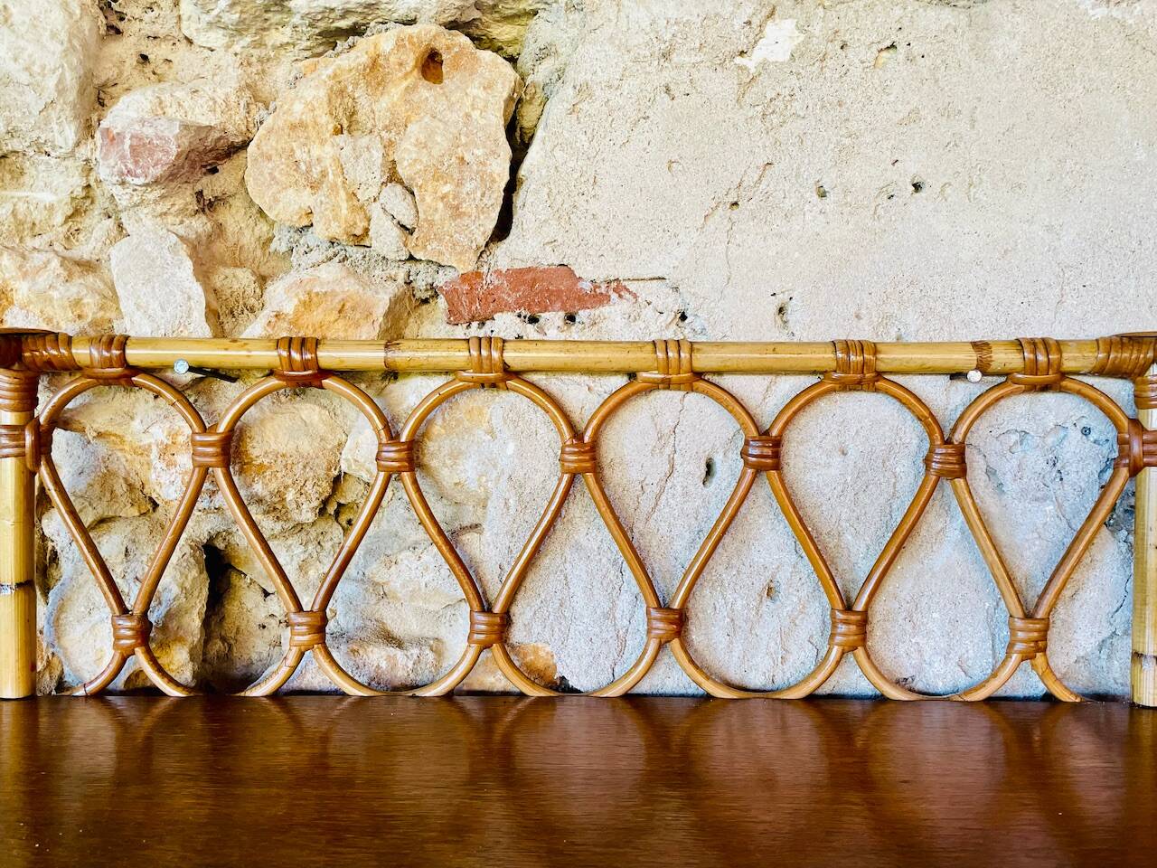 Vintage rattan and bamboo wall shelf with glass door cabinet, 1960s