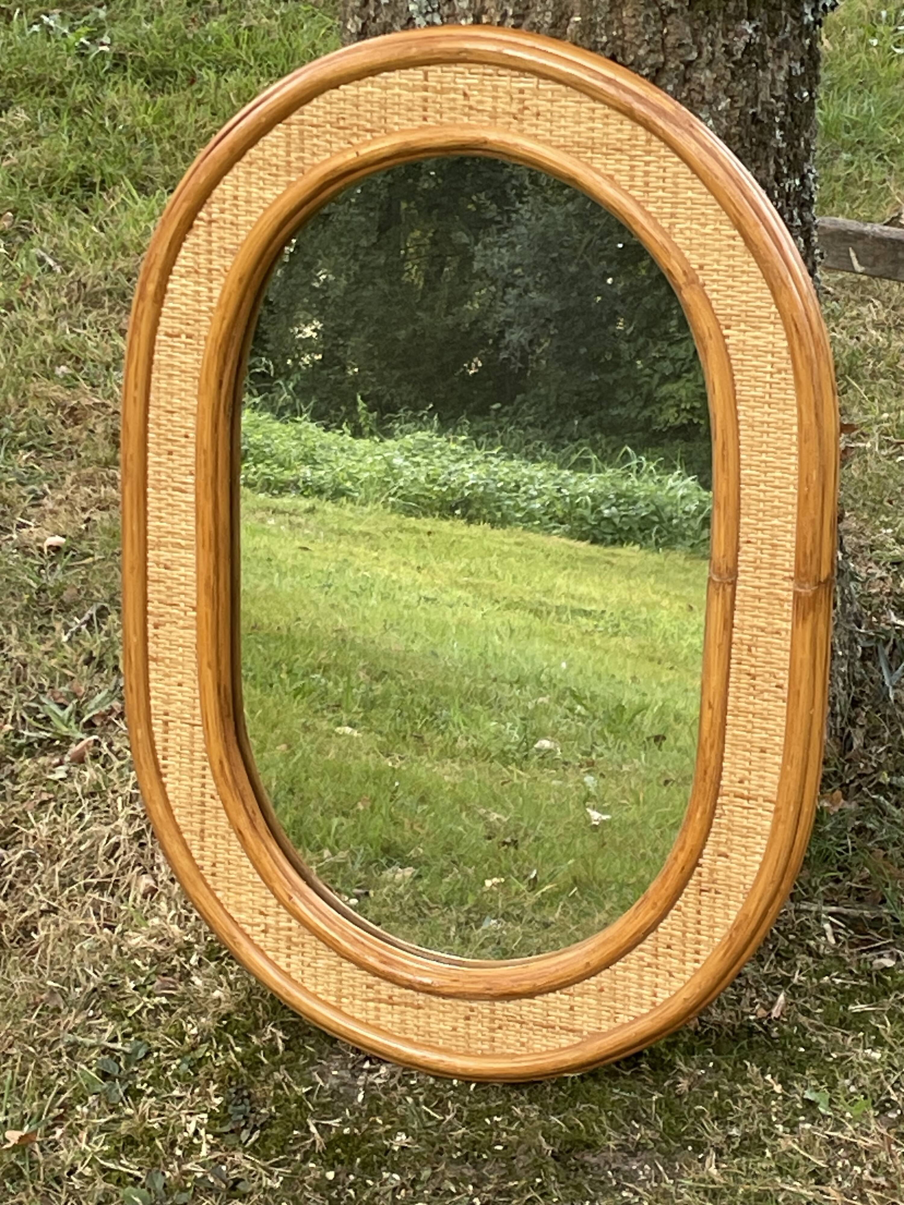 miroir mural en rotin et osier tressé, vintage 64 x 45 cm