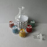 1 bouteille et ses 5 verres, décor cannage, années 70, France