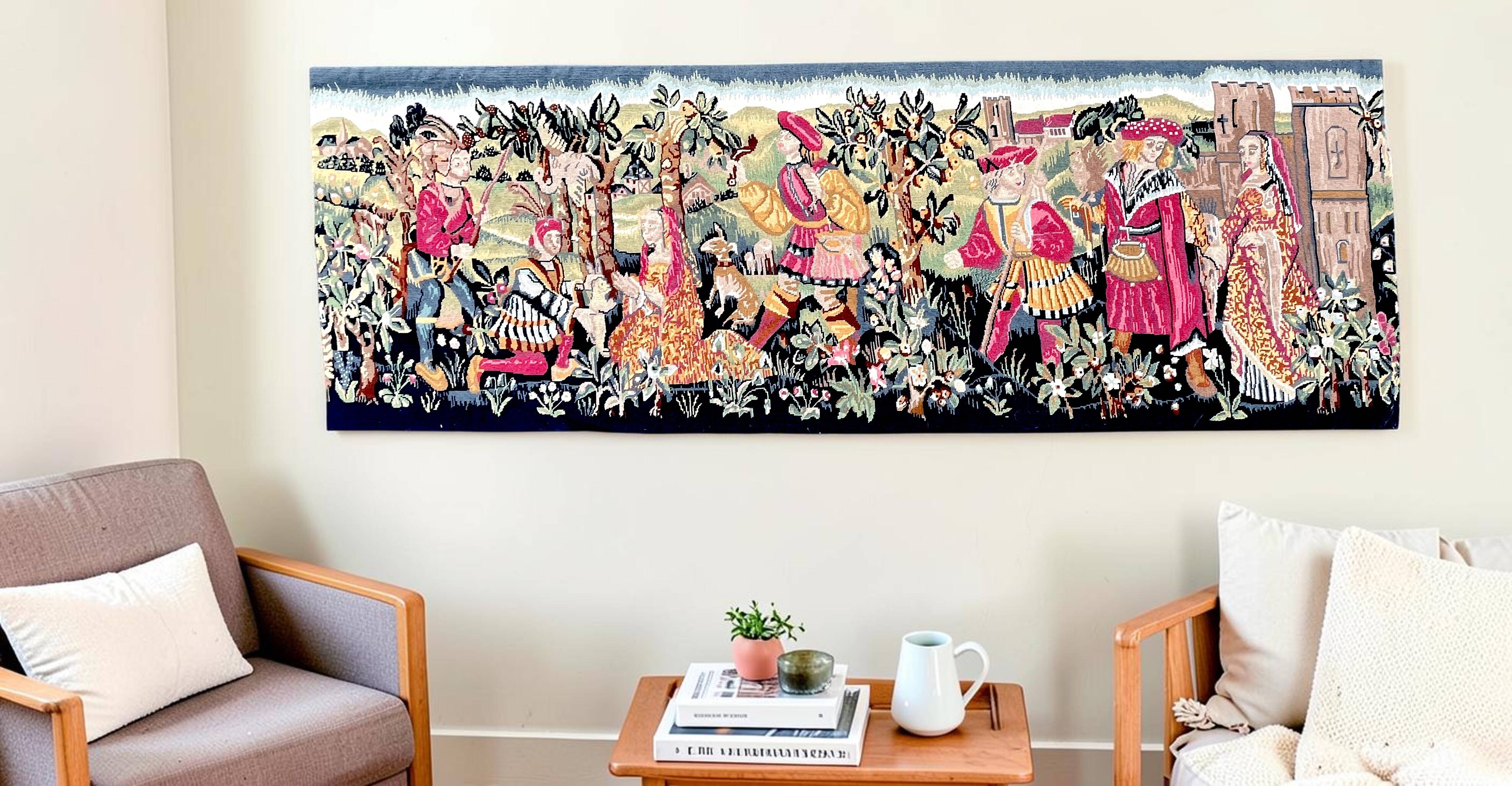 Important handwoven tapestry Medieval life 20th century