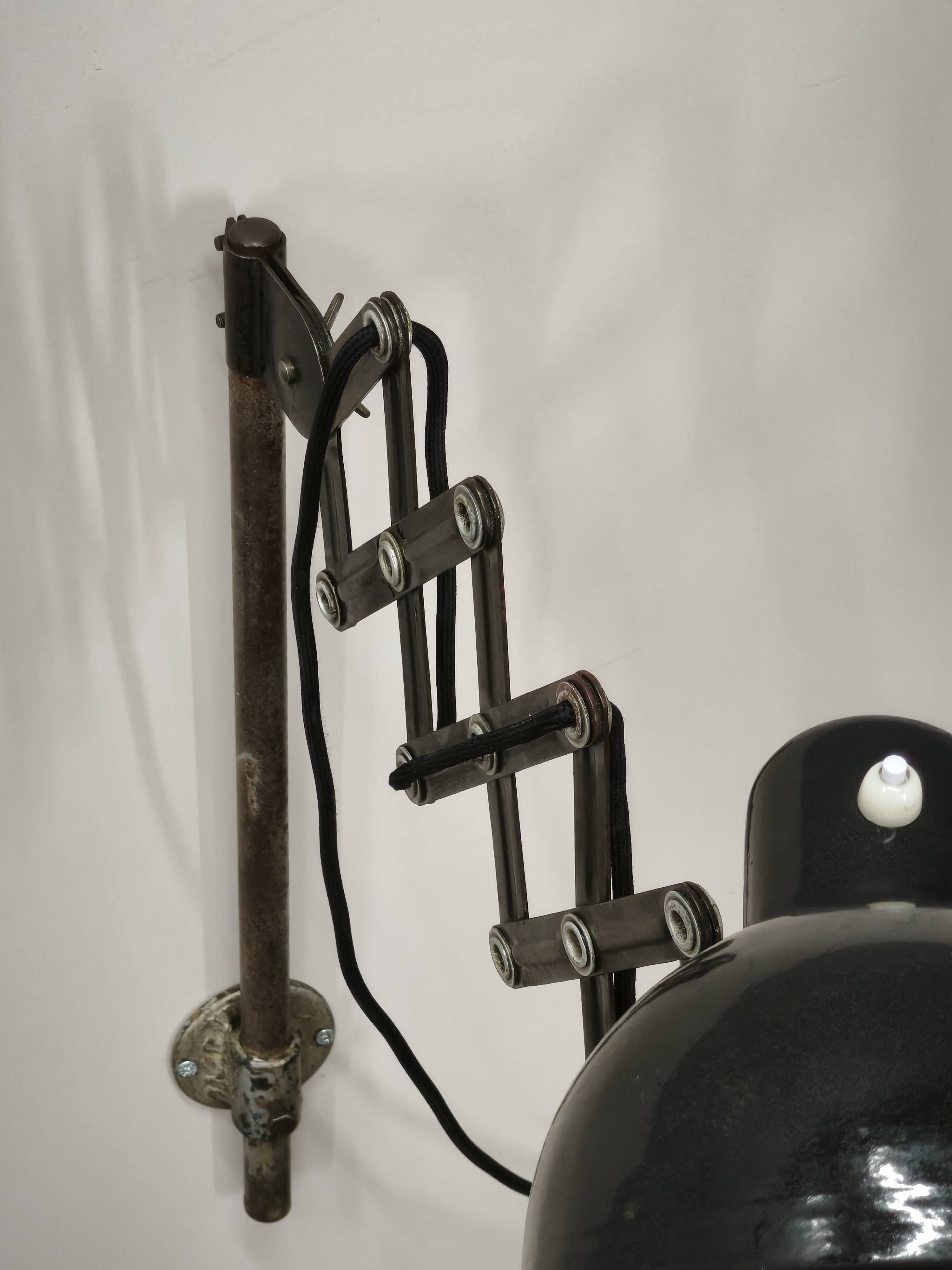 1930s Bauhaus Industrial Scissor Arm Wall Lamp, Black Enamel, Czechoslovakia