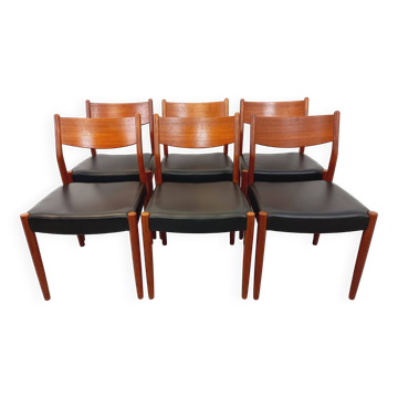Suite de 6 chaises scandinaves vintage Fristho Franeker en teck et skai des années 60