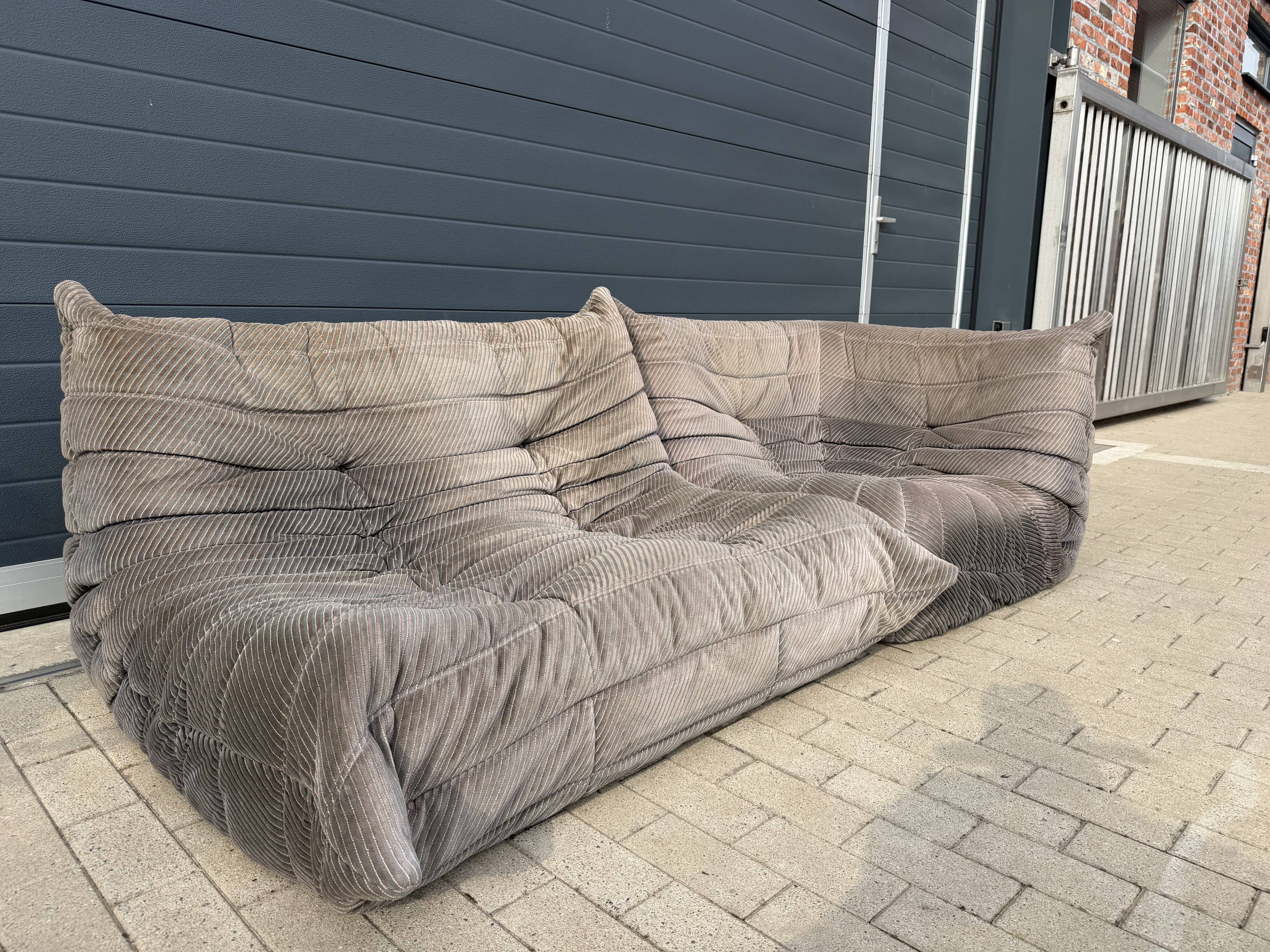 100% authentic Ligne Roset Togo 2-seater & corner diagonal striped fabric