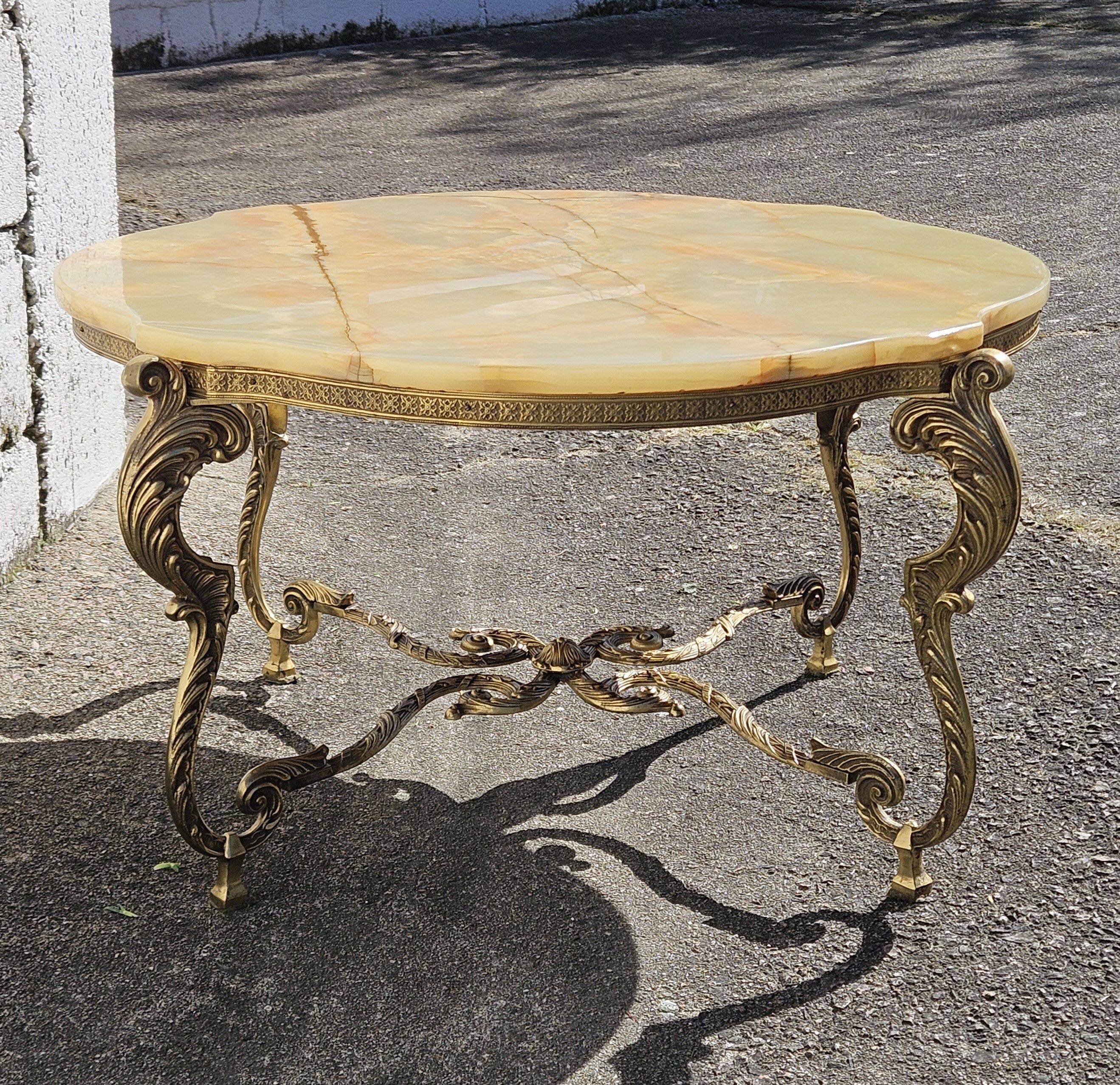 French Vintage Onyx Marble Bronze Coffee Table Style Louis XV 60s
