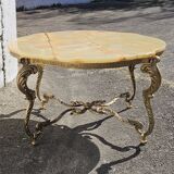 French Vintage Onyx Marble Bronze Coffee Table Style Louis XV 60s