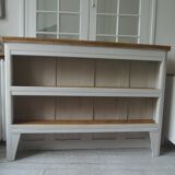 Long, narrow bookcase in pearl gray patina, wooden top.