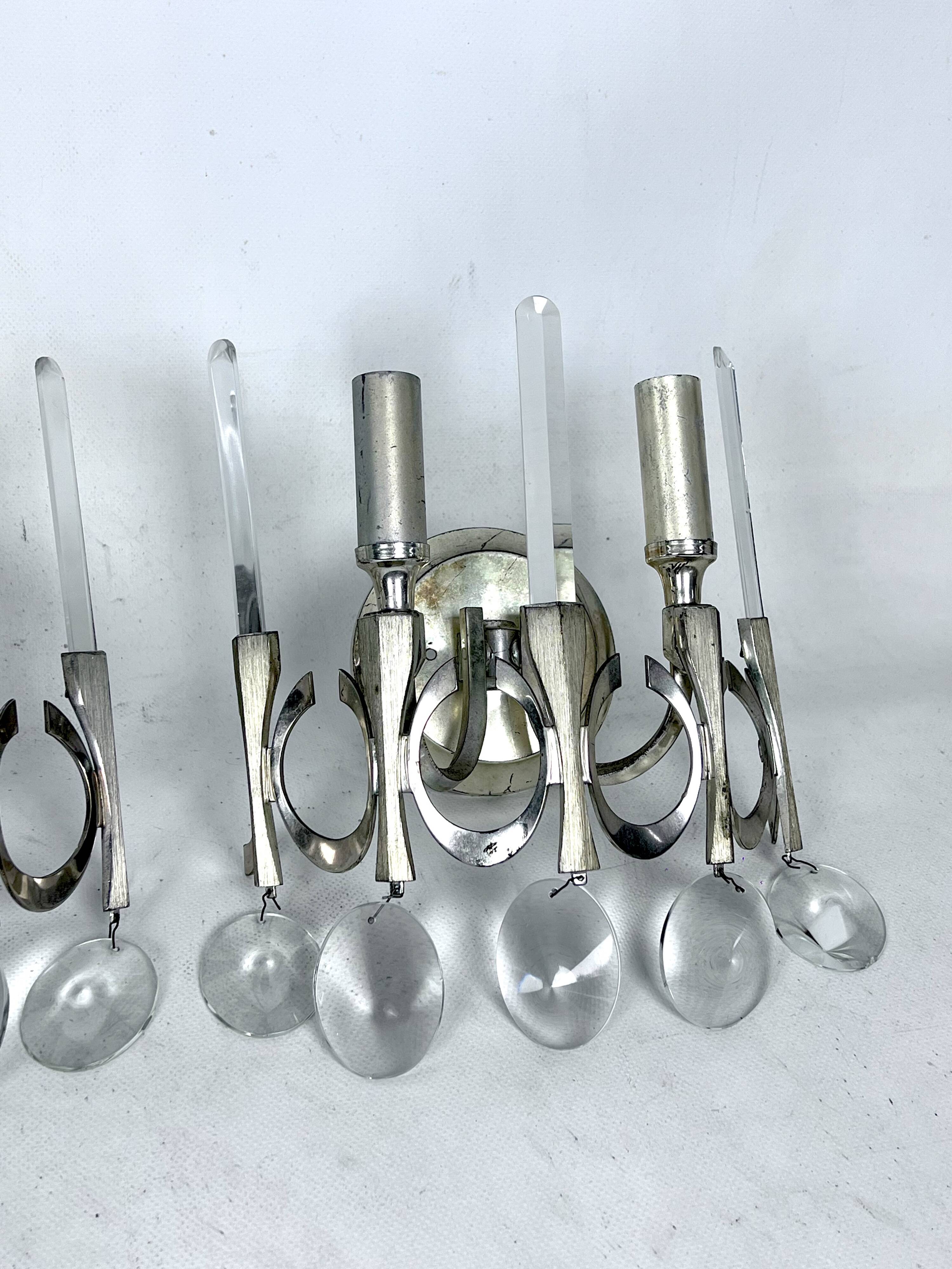 Mid-Century nicheled brass and glass sconces by Sciolari. Labeled. Italy 1960s