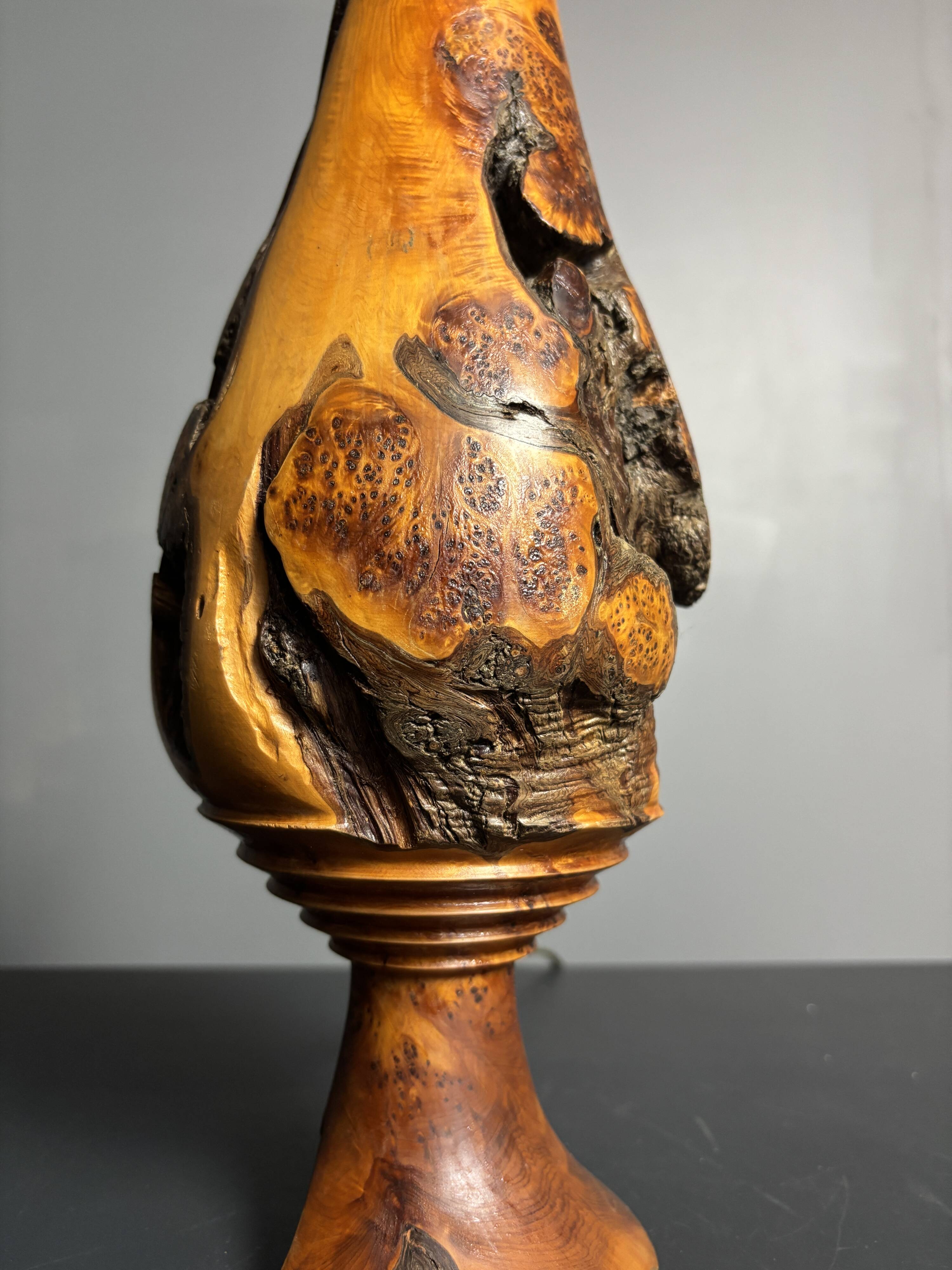 Sculptural artisanal brutalist midcentury burl wood turned table lamp 1960s