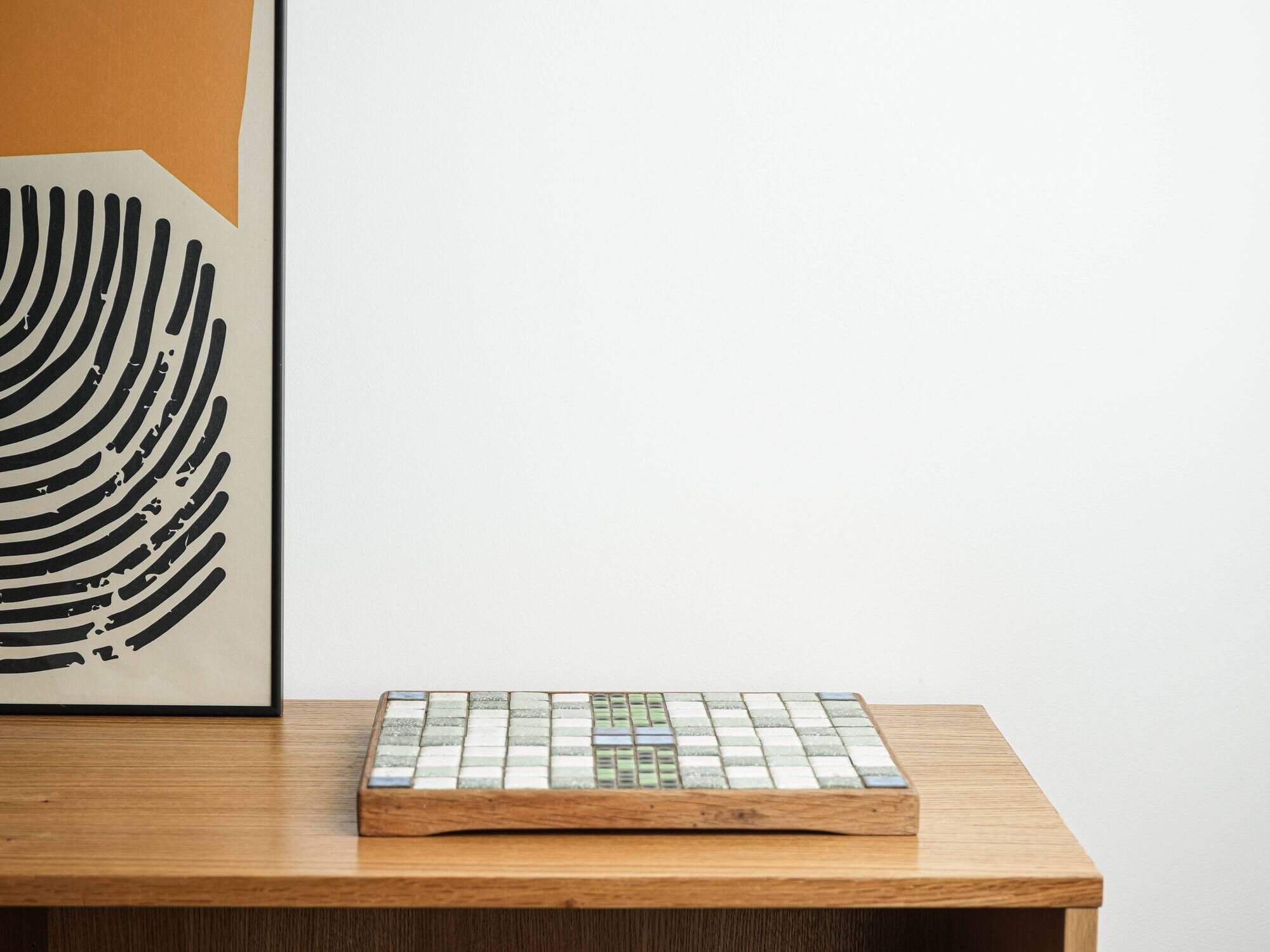 Mosaic tray with stoneware tiles in wooden frame, Bauhaus, 1970s