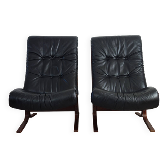 Pair of leather Siesta armchairs by Ingmar Relling for Westnofa, 1970s