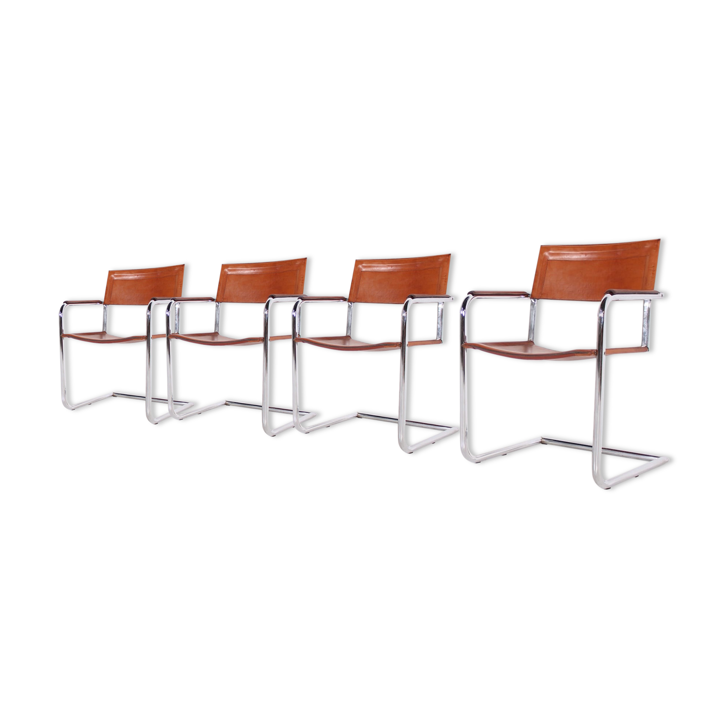 4 Matteo Grassi leather cogna cantilever armchairs