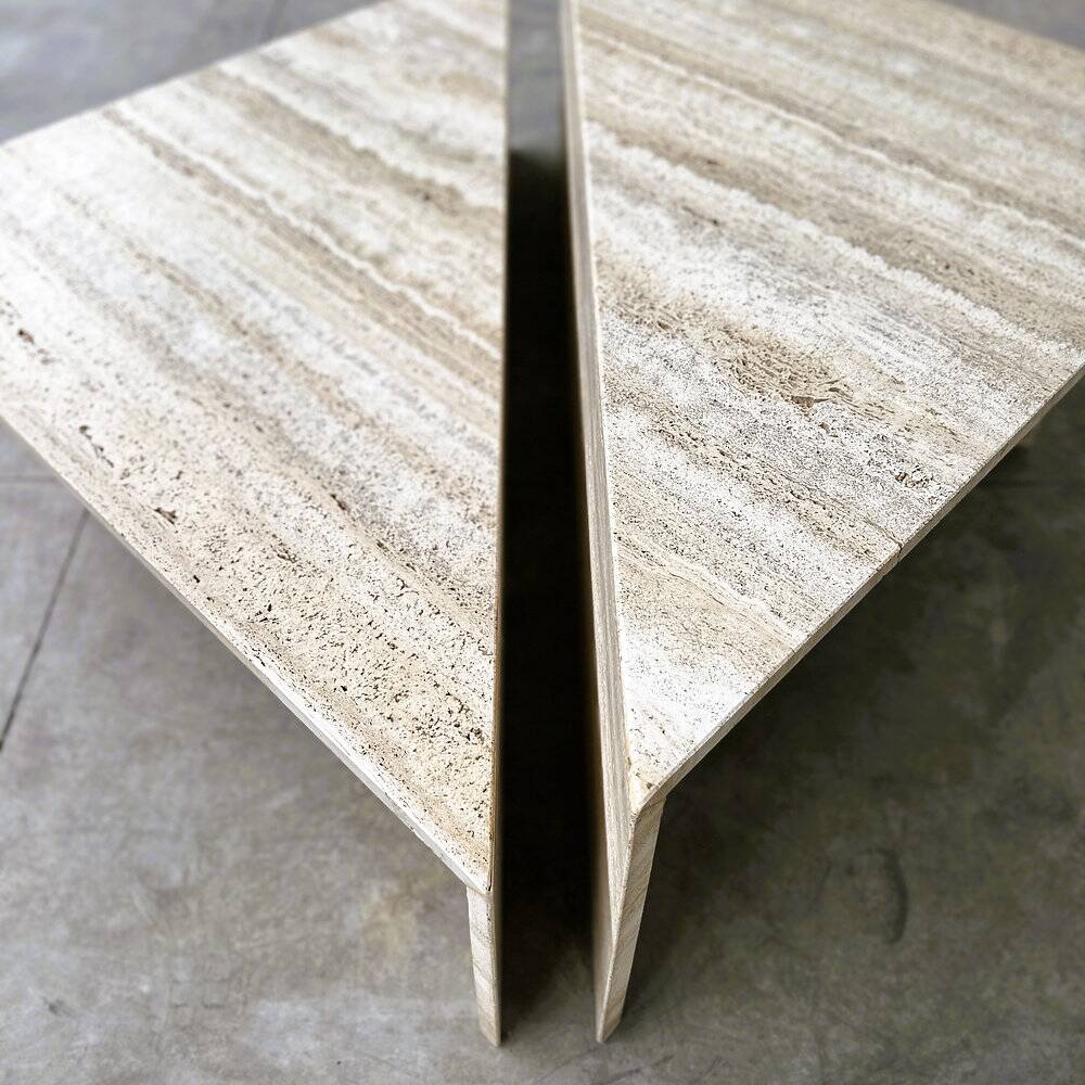 Up & Up large Italian Brutalist travertine coffee table, two-piece geometric mod
