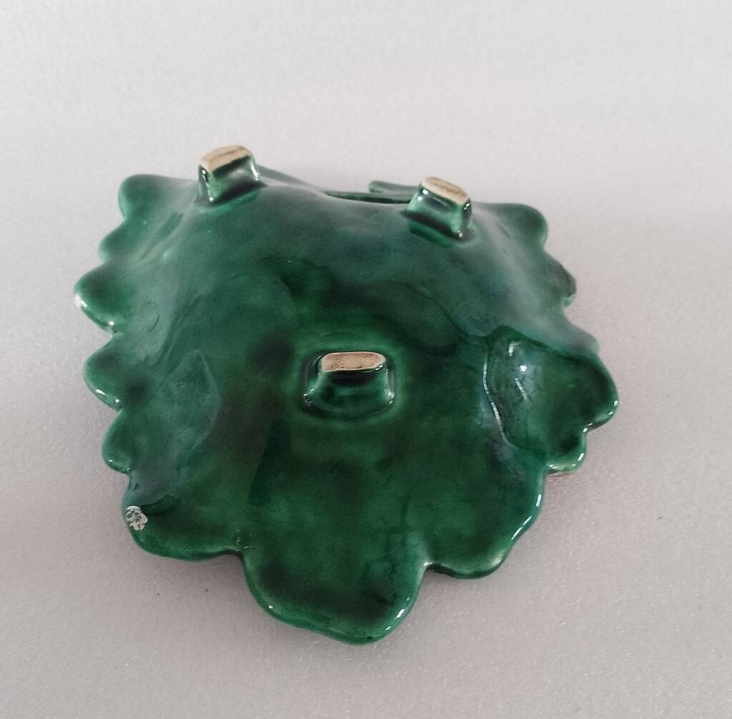 Vintage Majolica Strawberry Leaf Shaped Dish Ceramic Green Red