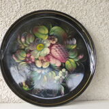 Plateau en metal, bouquets de fleurs peints a la main, origine Russie, vintage 1970