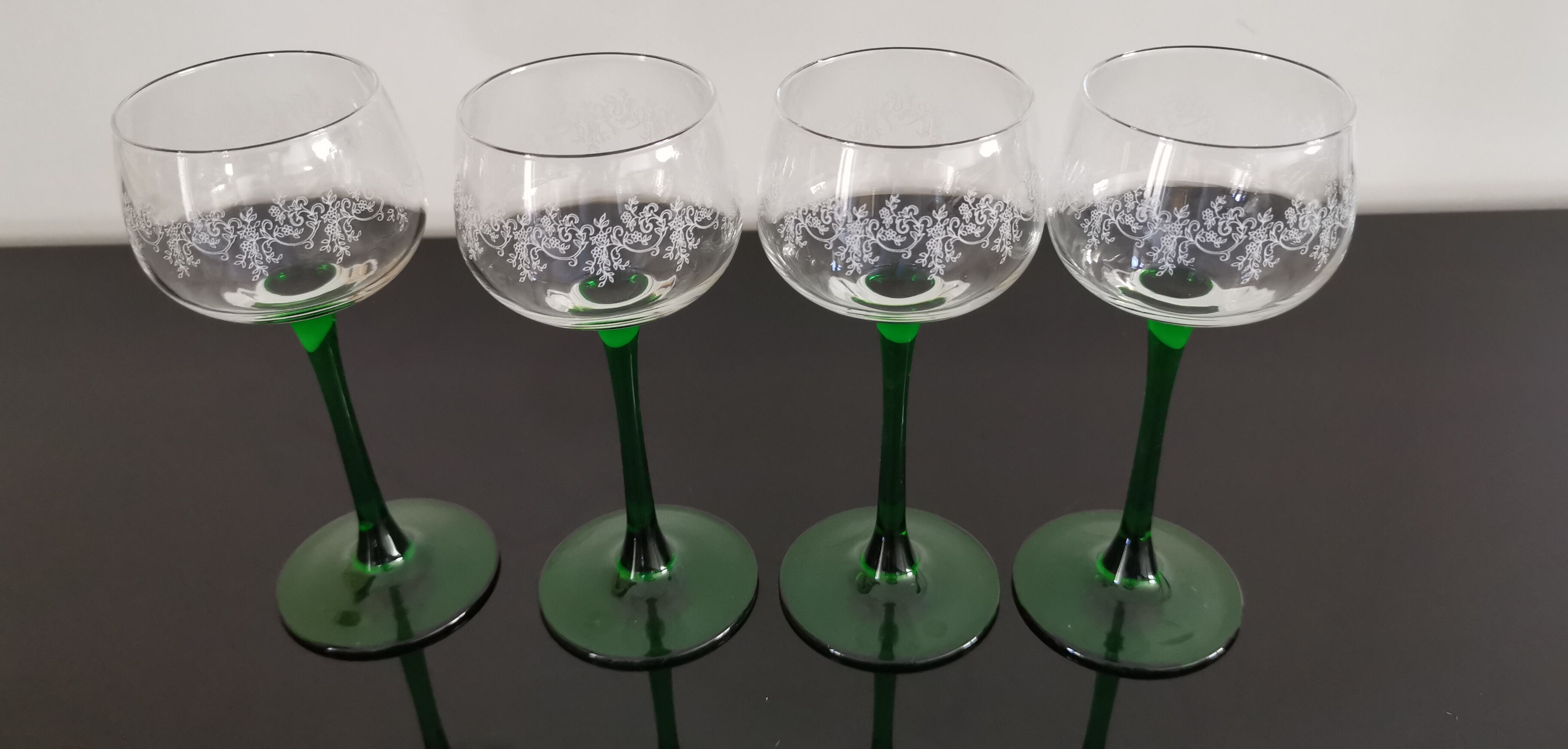 4 Vintage Alsace Wine Glasses with green feet floral decorations