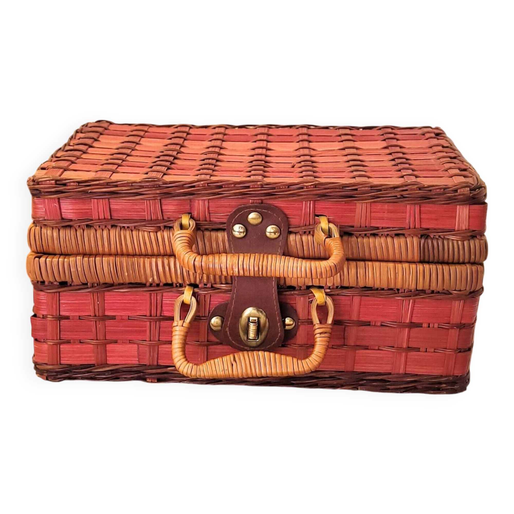 Vintage red woven wicker briefcase with leather buckle - rattan