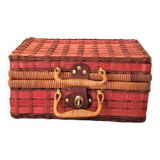 Vintage red woven wicker briefcase with leather buckle - rattan