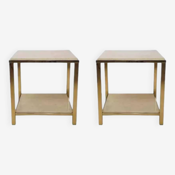 Pair of end tables in travertine and 24-carat gold plated