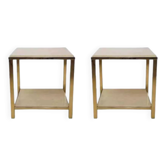 Pair of end tables in travertine and 24-carat gold plated