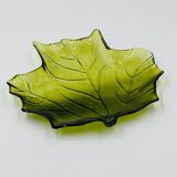 Vintage green glass leaf catchall from the 1970s.