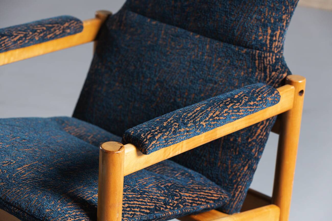 Armchair in teak with blue pattern cushion, Denmark, 1970s, set of 2