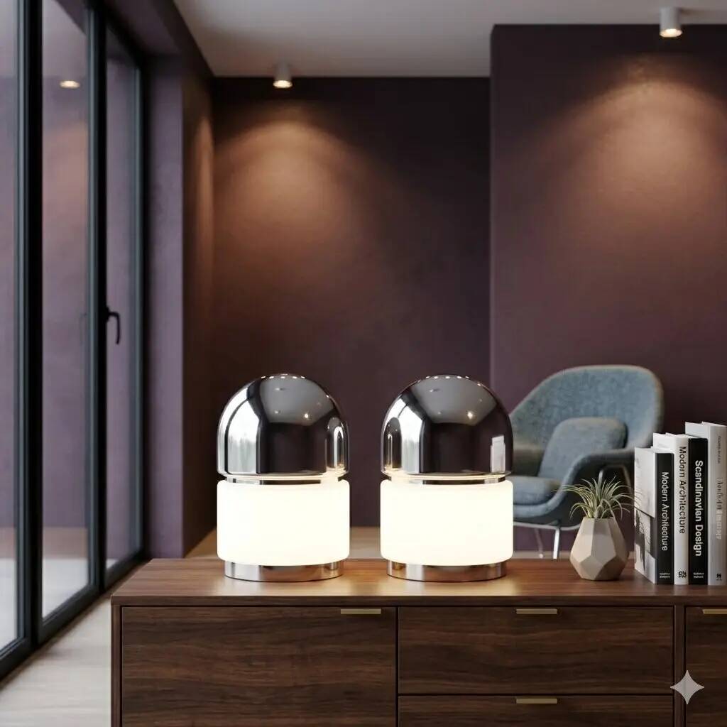 Pair of vintage Reggiani "Salt and Pepper" metal table lamps, 1960s design.