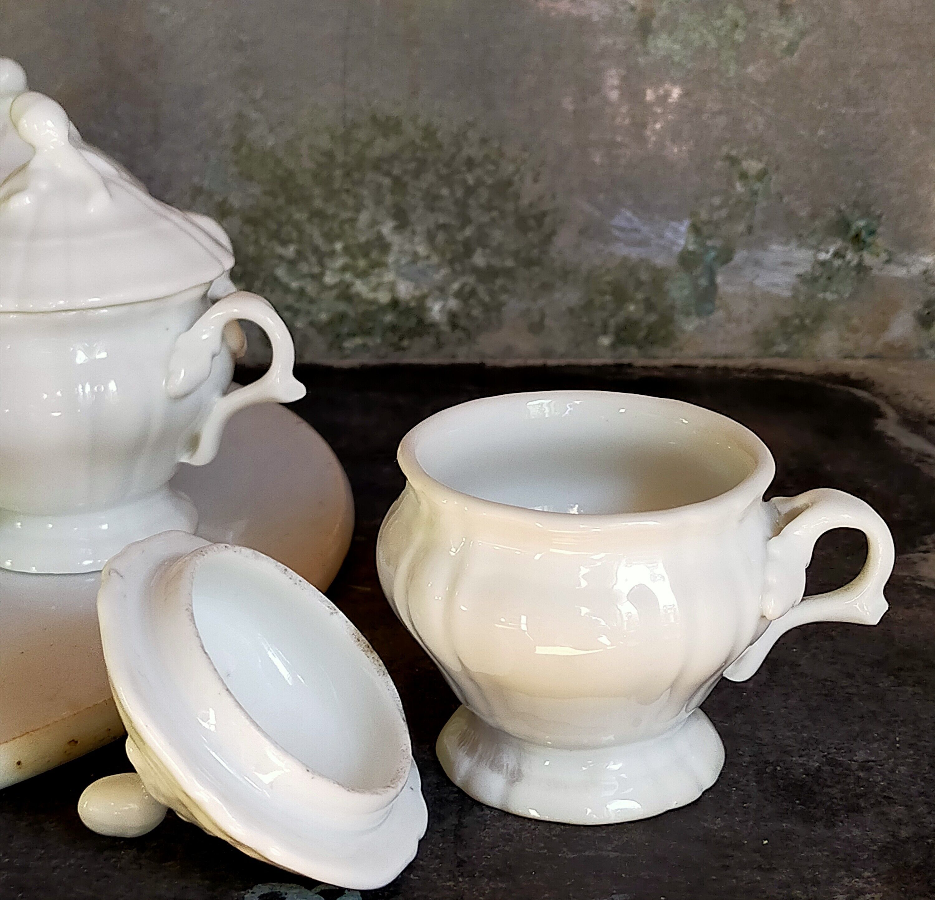 Set of seven covered pots and tray old white slurry nineteenth