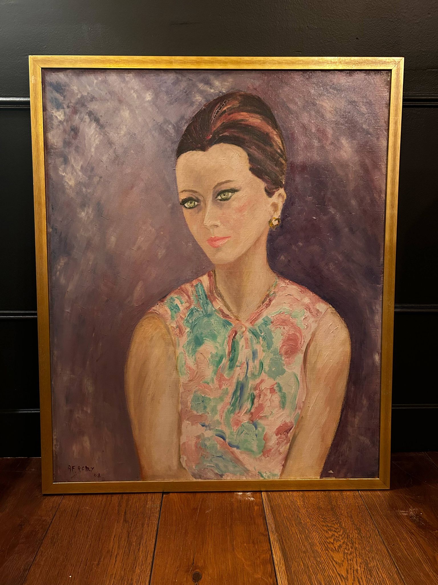 Oil on canvas signed - Portrait of a woman with green eyes