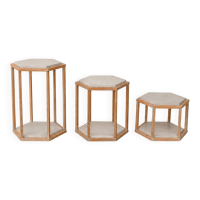 Ensemble de 3 tables gigognes en travertin et bois – Roche Bobois, années 1